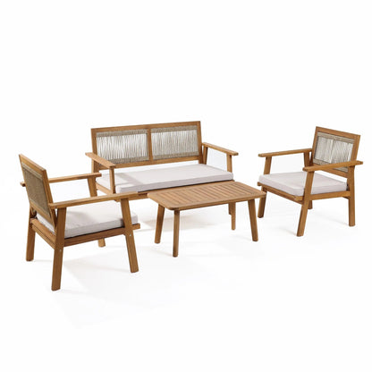RetailsSup 4-Piece Outdoor Patio Seating Set – Acacia Wood Frame, Rope Backrests, Loveseat, 2 Armchairs, Coffee Table