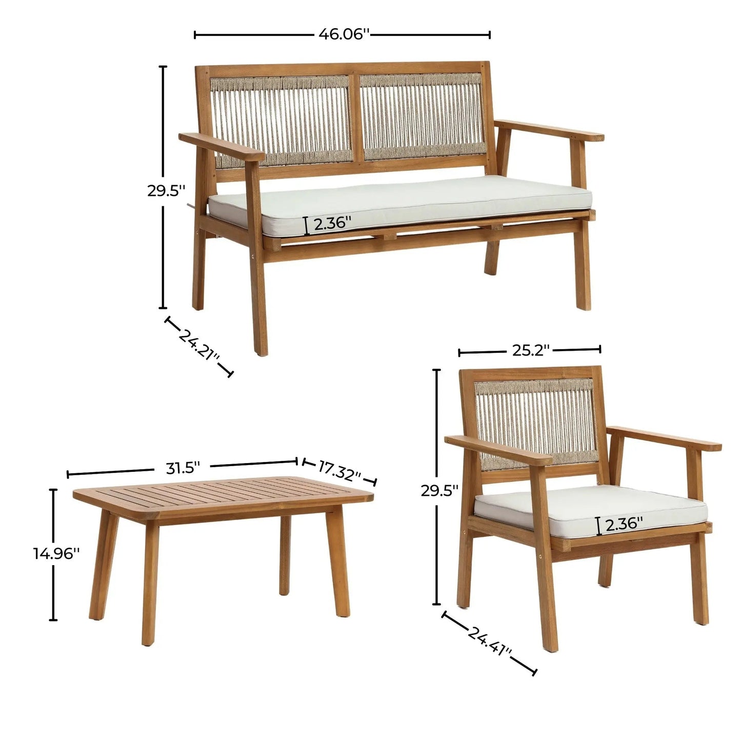RetailsSup 4-Piece Outdoor Patio Seating Set – Acacia Wood Frame, Rope Backrests, Loveseat, 2 Armchairs, Coffee Table