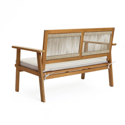 RetailsSup 4-Piece Outdoor Patio Seating Set – Acacia Wood Frame, Rope Backrests, Loveseat, 2 Armchairs, Coffee Table